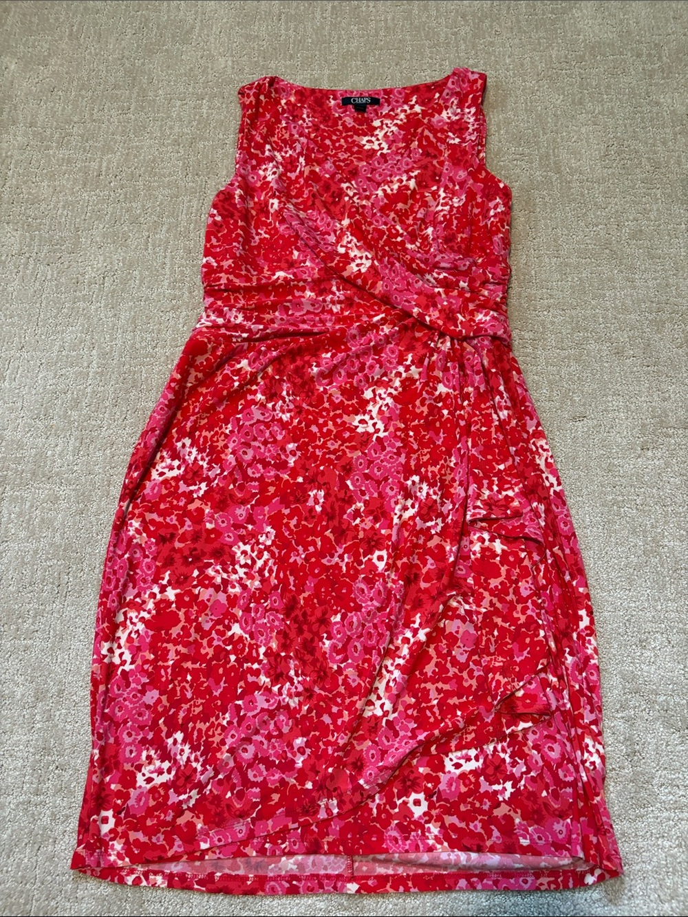 Chaps Red & Pink Floral Faux-Wrap Midi Dress Womens Large Spring Summer